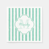 Cute Mint Green Painted Stripes Monogram en Naam Servetten (Voorkant)