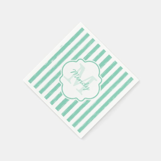 Cute Mint Green Painted Stripes Monogram en Naam Servetten (Hoek)