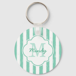 Cute Mint Green Painted Stripes Monogram en Naam Sleutelhanger