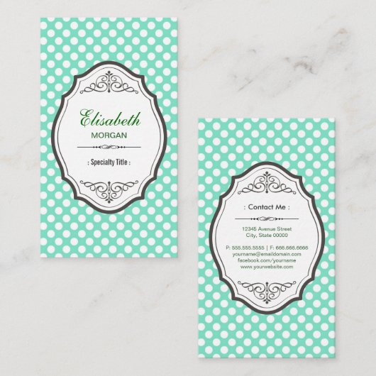 Cute Mint Green Polka Dots Elegant Lijst Visitekaartje (Voorkant / Achterkant)