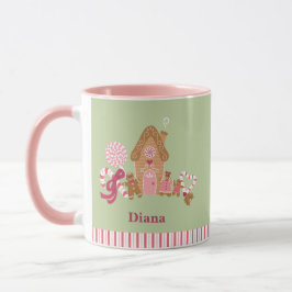 Cute Mint Pink Candy Cane Gingerbrood House Mok