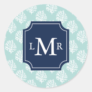 Cute Mint Summer Pattern en Blue Monogram Ronde Sticker