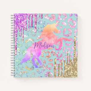 Cute Mint Unicorn Animal print glitter monogram Notitieboek