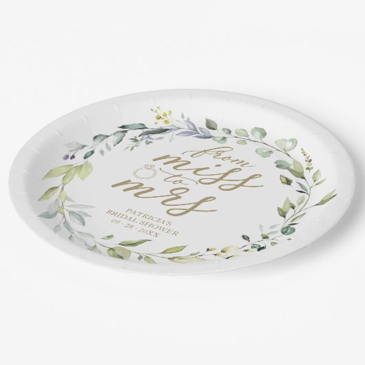 Cute Miss tot mevrouw Greenery Eucalyptus Bruiloft Papieren Bordje (Gekanteld)