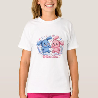 Cute Miss You Koppel T-Shirt, Blauwe Roze Bunny Mo T-shirt