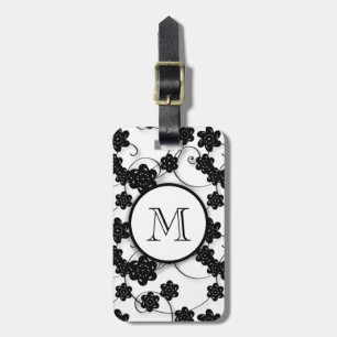 Cute Mod Black Flowers Pattern, Jouw Initiaal Bagagelabel