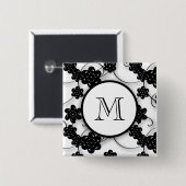 Cute Mod Black Flowers Pattern, Jouw Initiaal Vierkante Button 5,1 Cm (Voorkant /achterkant)