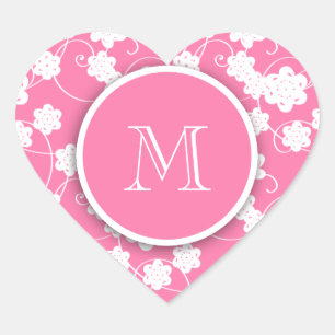 Cute Mod Pink Flowers Pattern, Jouw Initiaal Hart Sticker