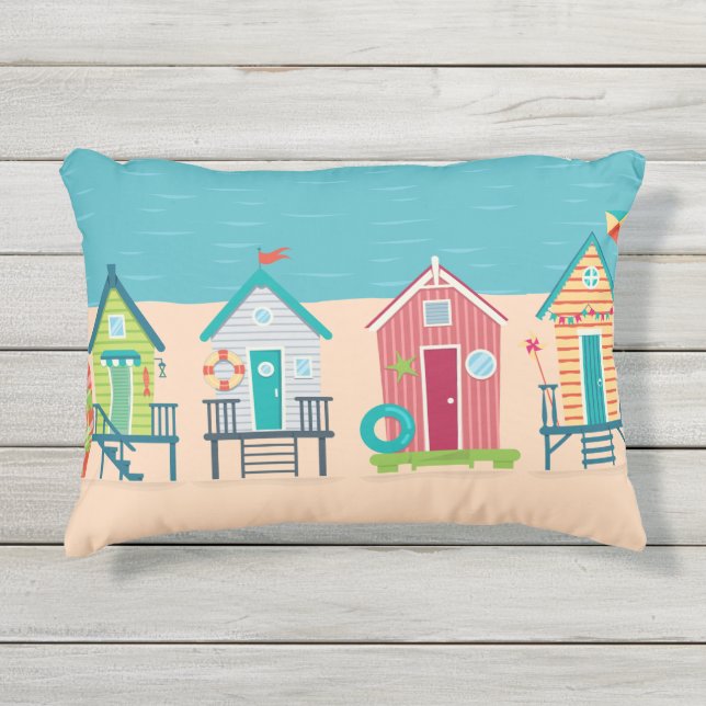 Cute Modern Beach Huts Summer Holiday Art Buitenkussen (Voorkant)