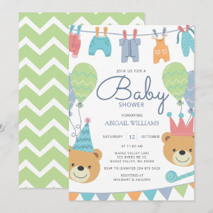 Cute Modern Beren & ballonnen - Baby shower Invita Kaart