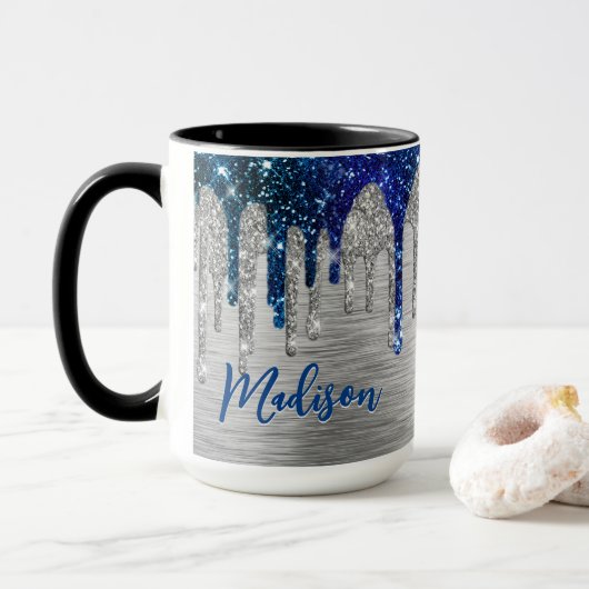 Cute modern Blue Glitter Driemonogram Mok (Met donut)