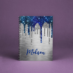 Cute modern Blue Glitter Drift monogram Notitieboe Notitieboek