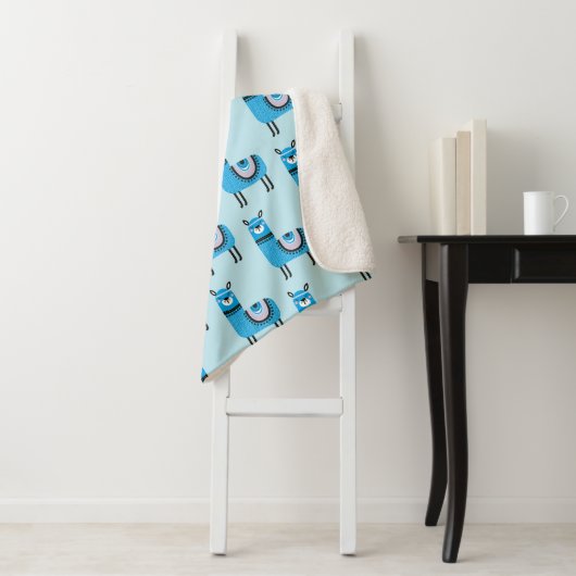 Cute Modern Blue Llama Pattern Sherpa Deken (In situ)
