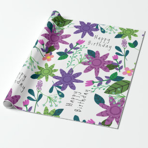 Cute Modern Colorful Floral Happy Birthday Cadeaupapier