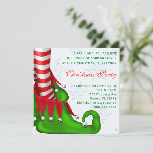 Cute Modern Elf Shoe Kerstparty Uitnodiging (Staand voorkant)