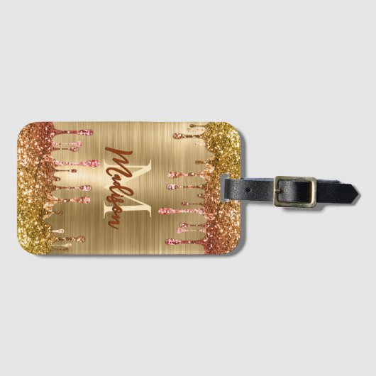 Cute modern Faux gold Glitter Driemonogram Bagagelabel (Voorkant (horizontaal))
