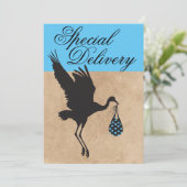 Cute Modern Funny Stork Baby Boy Shower Invitation (Debout devant)