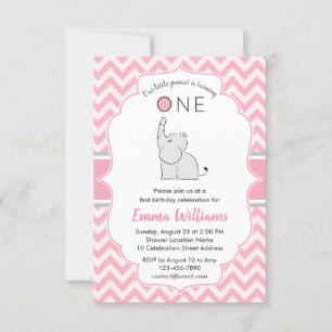 Cute Modern Girl Pink Grey Elephant 1e verjaardag Kaart