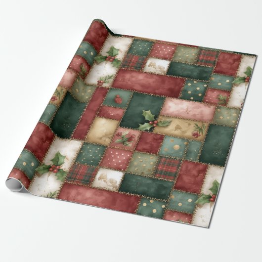 Cute Modern Gold Christmas Patchwork Pattern Cadeaupapier (Uitgerold)