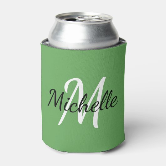 Cute Modern Green Monogram Name + Initiaal Sjabloo Blikjeskoeler (Blikje Voorkant)