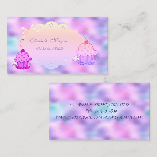 Cute Modern, holografische Iridescent Cupcake bakk Visitekaartje (Voorkant / Achterkant)
