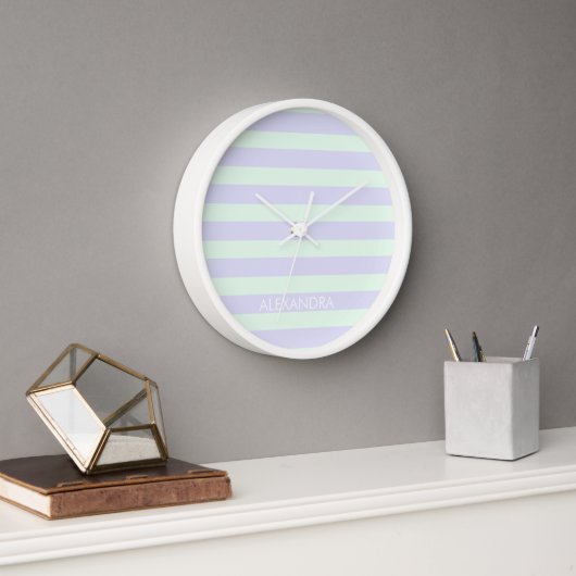 Cute Modern Lavender & Mint Green Striped Clock (Kantoor)