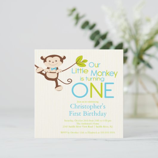 Cute Modern Monkey 1er anniversaire Invitations (Debout devant)