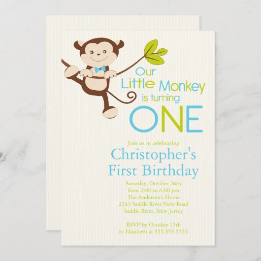Cute Modern Monkey 1er anniversaire Invitations (Devant / Derrière)