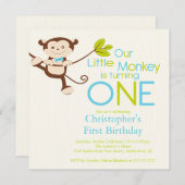 Cute Modern Monkey 1st Birthday Party Invitations Kaart (Voorkant / Achterkant)