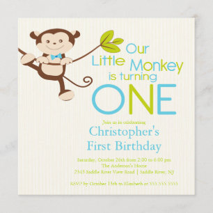 Cute Modern Monkey 1st Birthday Party Invitations Kaart