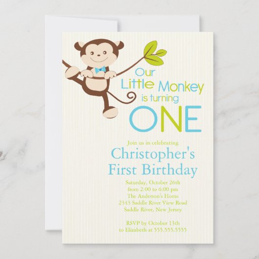 Cute Modern Monkey 1st Birthday Party Invitations Kaart (Voorkant)