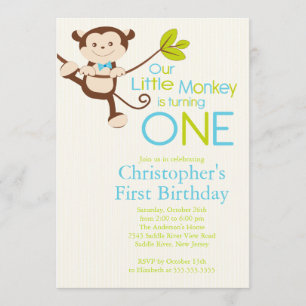 Cute Modern Monkey 1st Birthday Party Invitations Kaart