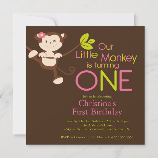Cute Modern Monkey 1st Birthday Party Invitations Kaart (Voorkant)