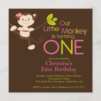 Cute Modern Monkey 1st Birthday Party Invitations Kaart