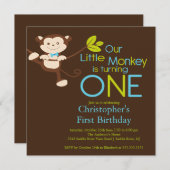 Cute Modern Monkey 1st Birthday Party Invitations Kaart (Voorkant / Achterkant)