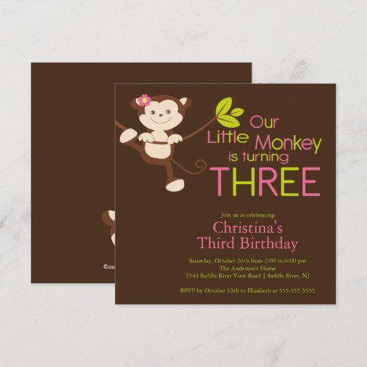 Cute Modern Monkey 3e anniversaire Invitations (Devant / Derrière)