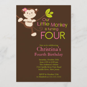 Cute Modern Monkey 4th Birthday Party Invitations Kaart