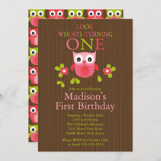 Cute Modern Owl 1st Birthday Party Invitations Kaart (Voorkant / Achterkant)