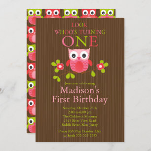 Cute Modern Owl 1st Birthday Party Invitations Kaart