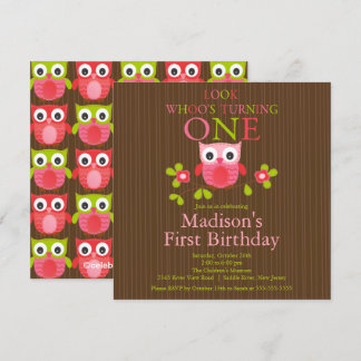 Cute Modern Owl 1st Birthday Party Invitations Kaart