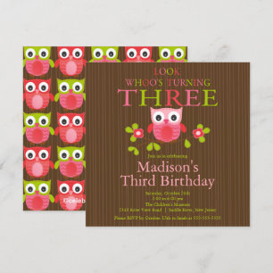 Cute Modern Owl 3rd Birthday Party Kaart