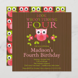 Cute Modern Owl 4th Birthday Party Invitations Kaart