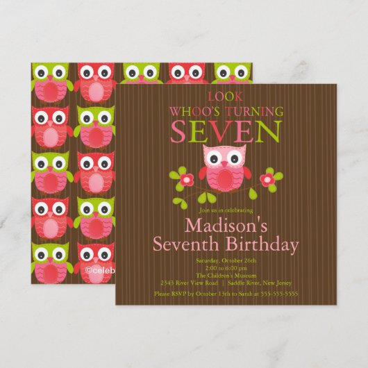 Cute Modern Owl 7th Birthday Party Invitations Kaart (Voorkant / Achterkant)