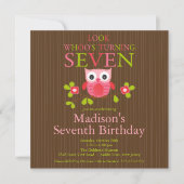 Cute Modern Owl 7th Birthday Party Invitations Kaart (Voorkant)