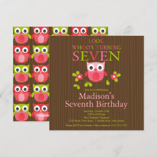 Cute Modern Owl 7th Birthday Party Invitations Kaart