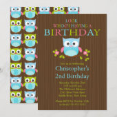 Cute Modern Owl Birthday Party Invitations Kaart (Voorkant / Achterkant)