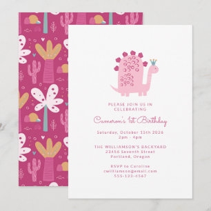 Cute Modern Pink Dinosaur 1e verjaardag Kaart