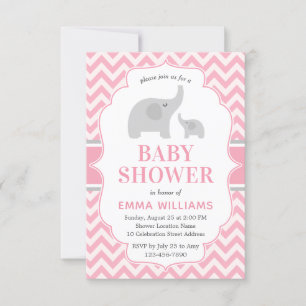 Cute Modern Pink Grey Elephant Girl Baby shower Kaart