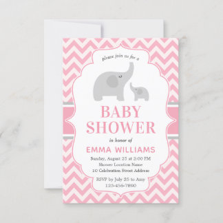 Cute Modern Pink Grey Elephant Girl Baby shower Kaart