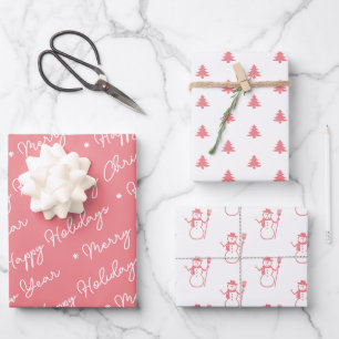 Cute Modern Pink Snowman-kerstbomen script Inpakpapier Vel